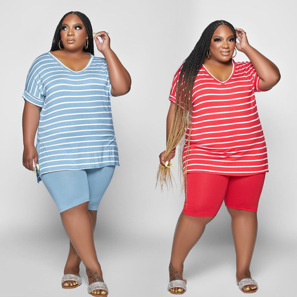 Large size women's new top small slit cotton fashion striped two-piece set
