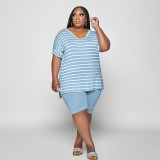 Large size women's new top small slit cotton fashion striped two-piece set
