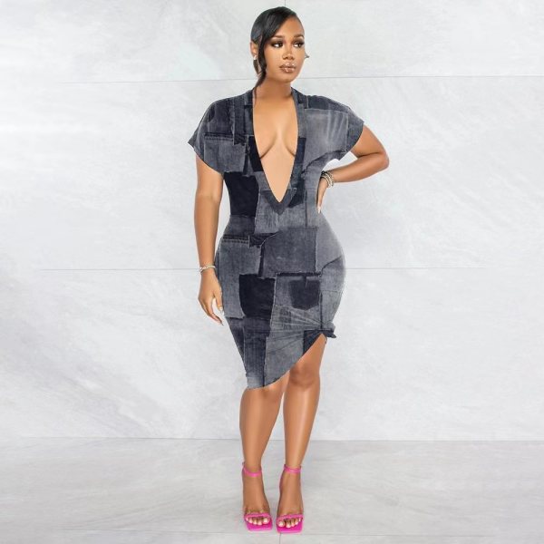 Women's Faux Denim Print Deep V Dress