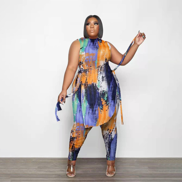 plus size women's print two piece set