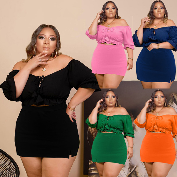 Plus size women's solid color sexy one-shoulder culottes spun cotton two-piece set