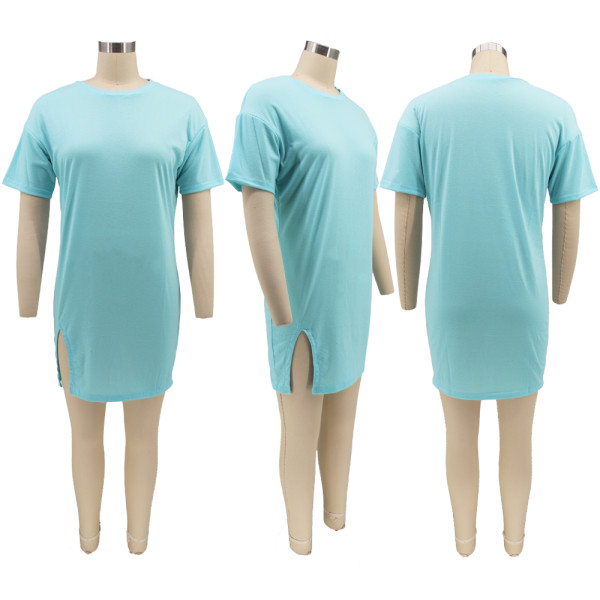 Solid Color Crew Neck Hem Drive Short Sleeve Slim Fit Fashion Dress