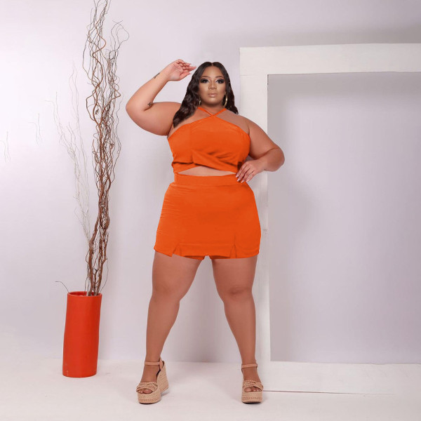 Large size women's fashion sexy solid color culottes back cable two-piece set