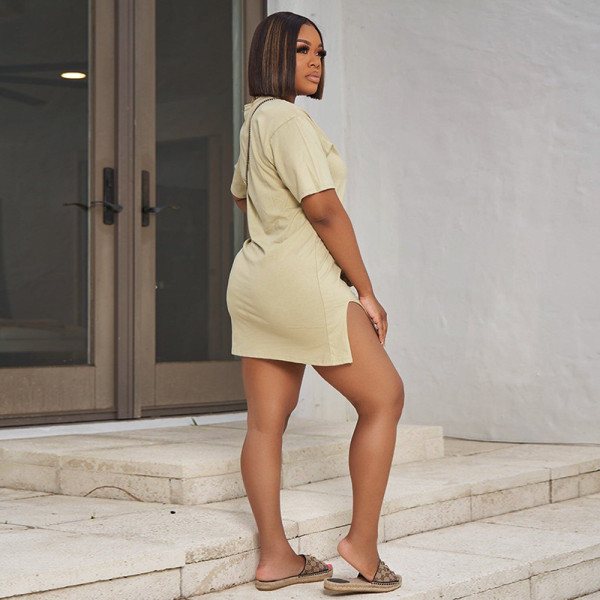 Solid Color Crew Neck Hem Drive Short Sleeve Slim Fit Fashion Dress