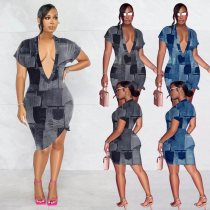 Women's Faux Denim Print Deep V Dress