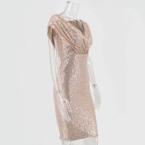 Deep V Neck Solid Sequin Dress