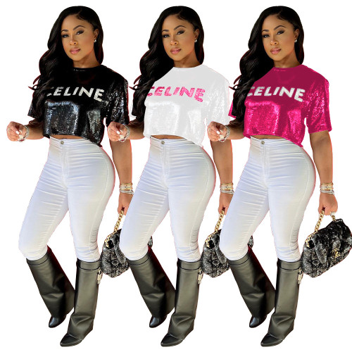 Sequin Offset Alphabet Print Short Sleeve Open Waist Sexy T