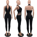 Sexy solid color deep V halter halter jumpsuit