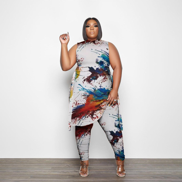 plus size women's print two piece set