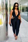 Sexy solid color deep V halter halter jumpsuit
