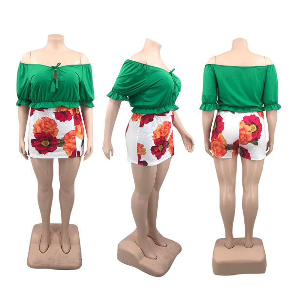 Plus size women's sexy one-shoulder culottes two-piece set