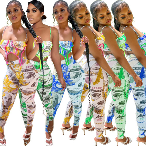 Sexy Print Suspender Two-Piece Set