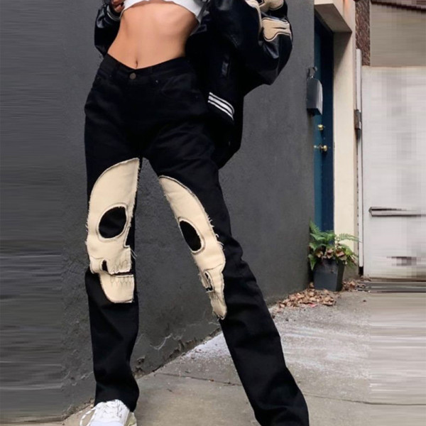 women's sexy mid waist jeans washed cutout straight leg pants