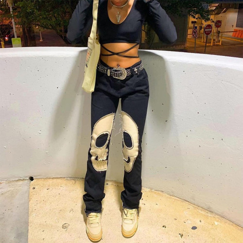 women's sexy mid waist jeans washed cutout straight leg pants