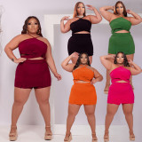 Large size women's fashion sexy solid color culottes back cable two-piece set