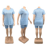 Large size women's new top small slit cotton fashion striped two-piece set