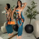Ladies Fashion Sling Print Sexy Dress Long Dress
