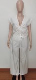 Women's Loose Knot Top Ruffle Wide Leg Pants Casual Two-Piece Set