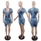 Women's Faux Denim Print Deep V Dress