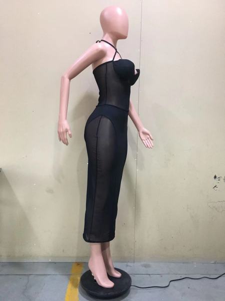 mesh wrap chest panel halterneck dress
