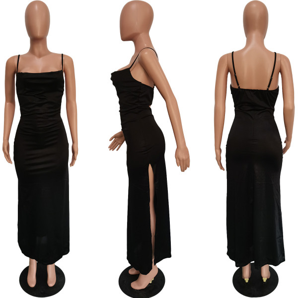 Solid Slip Glossy Side Slit Dress