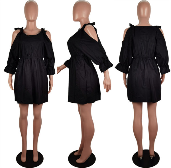 Women's Fashion Lace-up Off-the-Shoulder Solid Color Dress