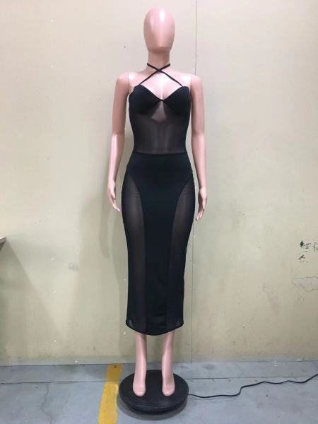 mesh wrap chest panel halterneck dress