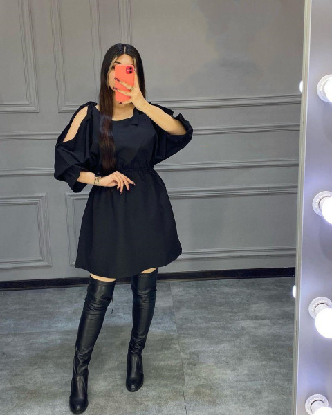 Women's Fashion Lace-up Off-the-Shoulder Solid Color Dress