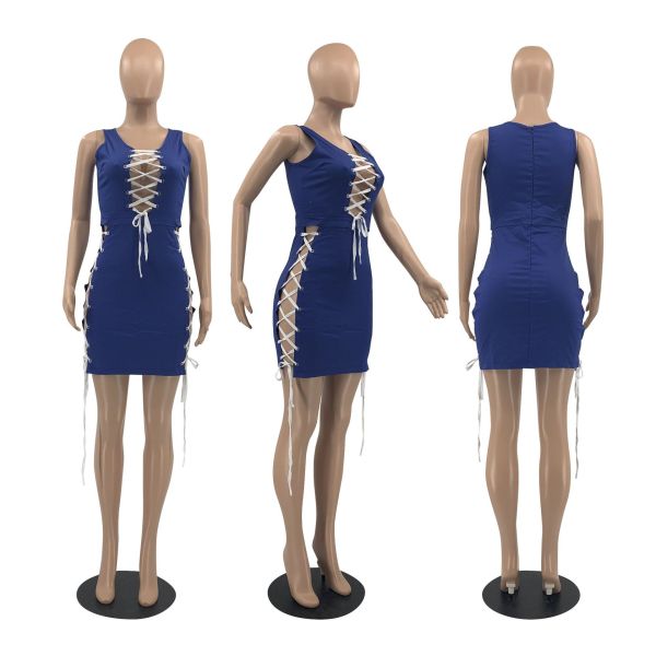 Women's Eyelet Tie Hidden Zipper Faux Denim Dress