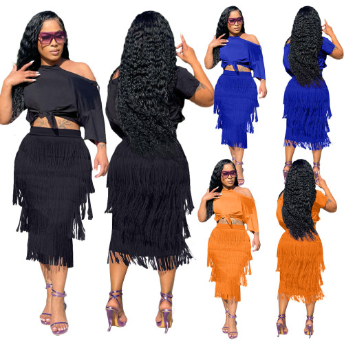 Women's Solid Color Slanted Shoulder Tassel Slim Dress Two Piece Plus Size Women's Clothing