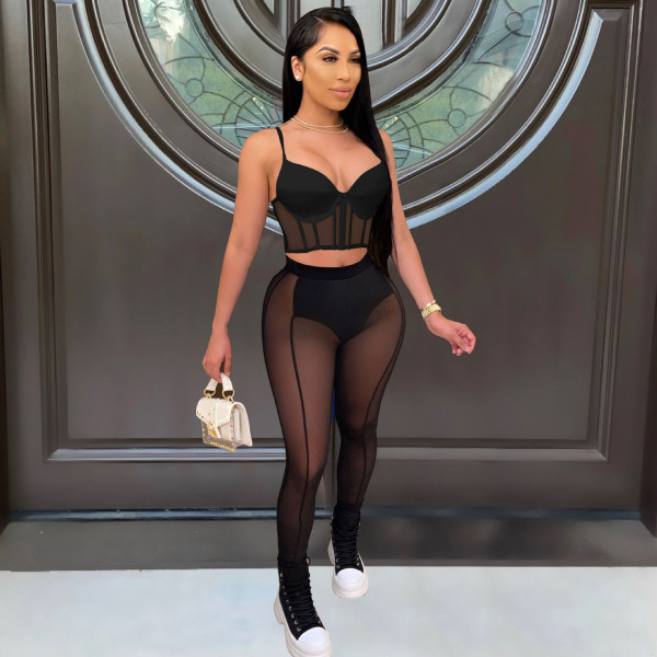 Women's new nightclub mesh perspective sexy two-piece suit