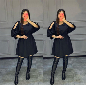 Women's Fashion Lace-up Off-the-Shoulder Solid Color Dress