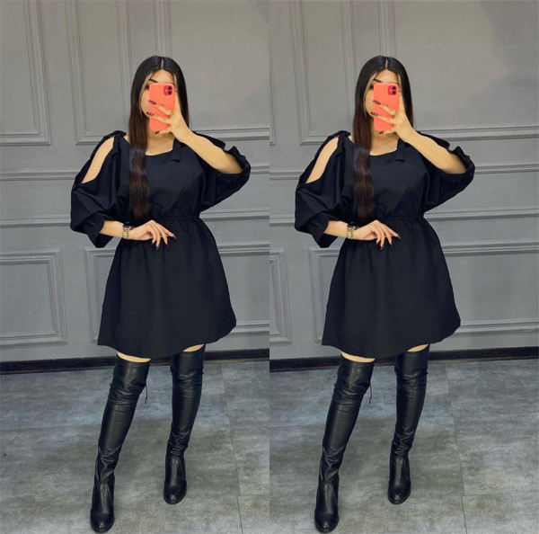 Women's Fashion Lace-up Off-the-Shoulder Solid Color Dress