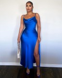 Solid Slip Glossy Side Slit Dress