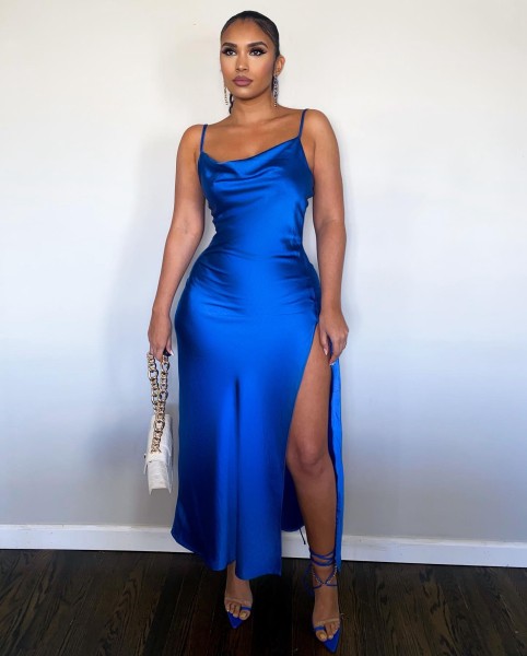 Solid Slip Glossy Side Slit Dress