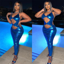 Women's Slim Fit Cropped Navel Sexy Halter Foil Dress