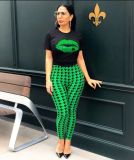 Women's Crew Neck Lip Print Casual Two Piece