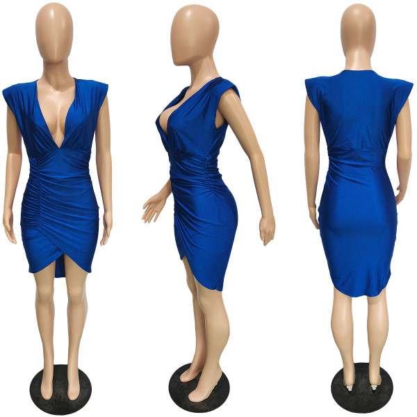 Solid Color Glossy Padded Deep V-Neck Ruched Dress