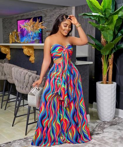 Colorful Print Lace-Up Bandeau Wide-Leg Pant Set