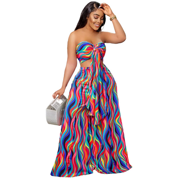 Colorful Print Lace-Up Bandeau Wide-Leg Pant Set