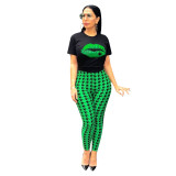 Women's Crew Neck Lip Print Casual Two Piece
