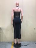 mesh wrap chest panel halterneck dress