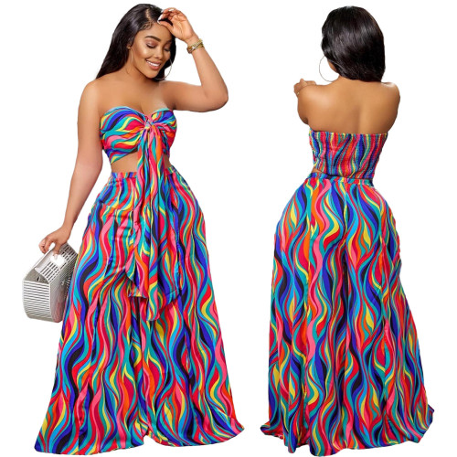 Colorful Print Lace-Up Bandeau Wide-Leg Pant Set