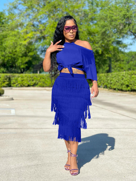 Women's Solid Color Slanted Shoulder Tassel Slim Dress Two Piece Plus Size Women's Clothing