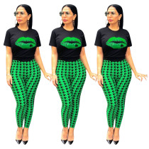 Women's Crew Neck Lip Print Casual Two Piece Women's Crew Neck Lip Print Casual Two Piece