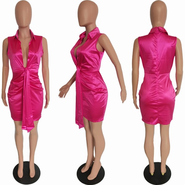 Solid Sleeveless Slim Fit Stretch Tie Gloss Dress