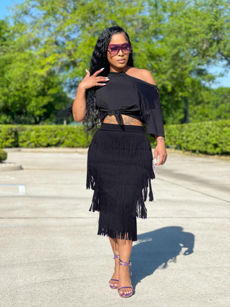 Women's Solid Color Slanted Shoulder Tassel Slim Dress Two Piece Plus Size Women's Clothing