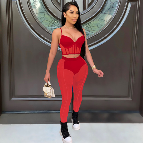 Women's new nightclub mesh perspective sexy two-piece suit