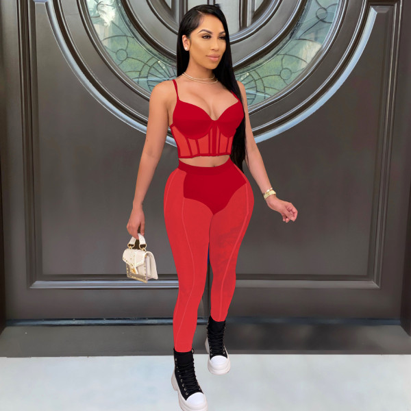 Women's new nightclub mesh perspective sexy two-piece suit
