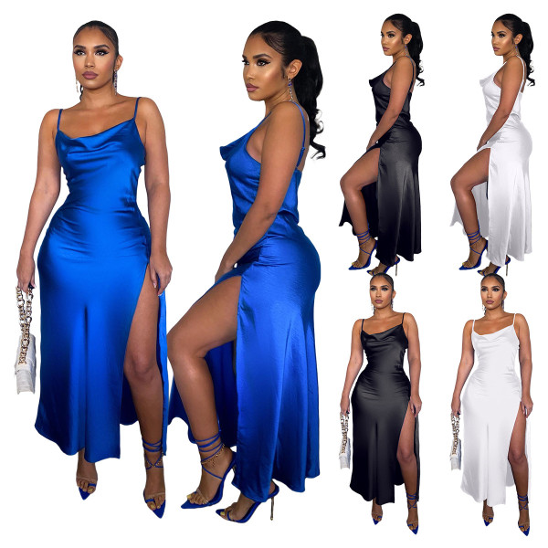 Solid Slip Glossy Side Slit Dress